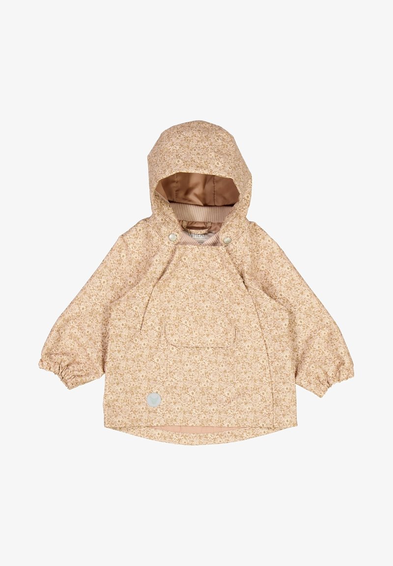 Blomstermønstret beige jakke med hætte, elastiske manchetter og en frontlomme. Glat tekstur med en kontrastfarvet inderfor.