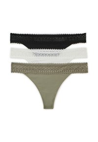 Trois paires de strings pour femmes en noir, blanc et vert olive avec des bordures en dentelle. Présente un matériau lisse et un design minimaliste.