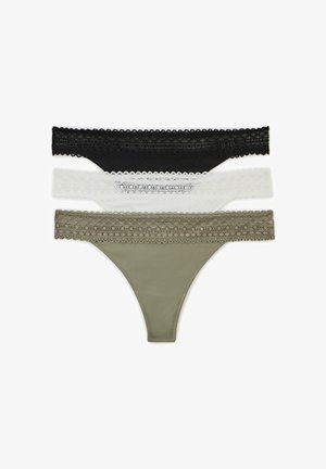 Trois paires de strings pour femmes en noir, blanc et vert olive avec des bordures en dentelle. Présente un matériau lisse et un design minimaliste.