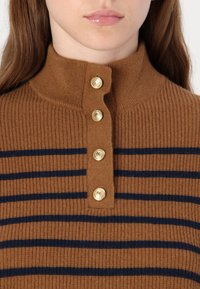 Pull en maille côtelée marron avec un col haut, cinq boutons dorés et des rayures horizontales bleu marine. La texture est tricotée avec une finition lisse.