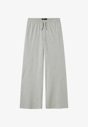 Svetlo sivi široki hlače iz mehke tkanine. Imajo elastičen pas s vrvico in brez vidnih vzorcev ali kovinskih delov.