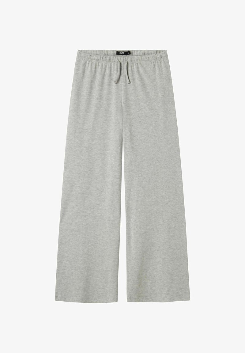 Hellgraue, weit geschnittene Hose aus weichem Stoff. Sie hat einen elastischen Bund mit Kordelzug und keine sichtbaren Muster oder Beschläge.