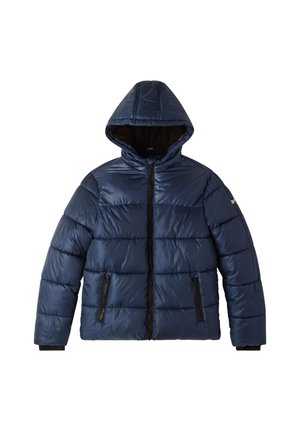 Giacca imbottita blu navy con cappuccio, chiusura con zip e due tasche laterali con zip nere. Il materiale ha una texture lucida e un motivo trapuntato.