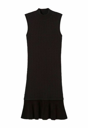 Abito nero senza maniche in maglia a costine con collo alto e orlo svasato. Design strutturato che offre una silhouette aderente.