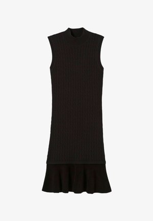Vestido negro de punto acanalado sin mangas, con cuello alto y dobladillo acampanado. Diseño texturizado en toda la prenda, que proporciona una silueta ajustada.