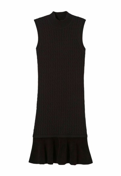 Abito nero senza maniche in maglia a costine con collo alto e orlo svasato. Design strutturato che offre una silhouette aderente.
