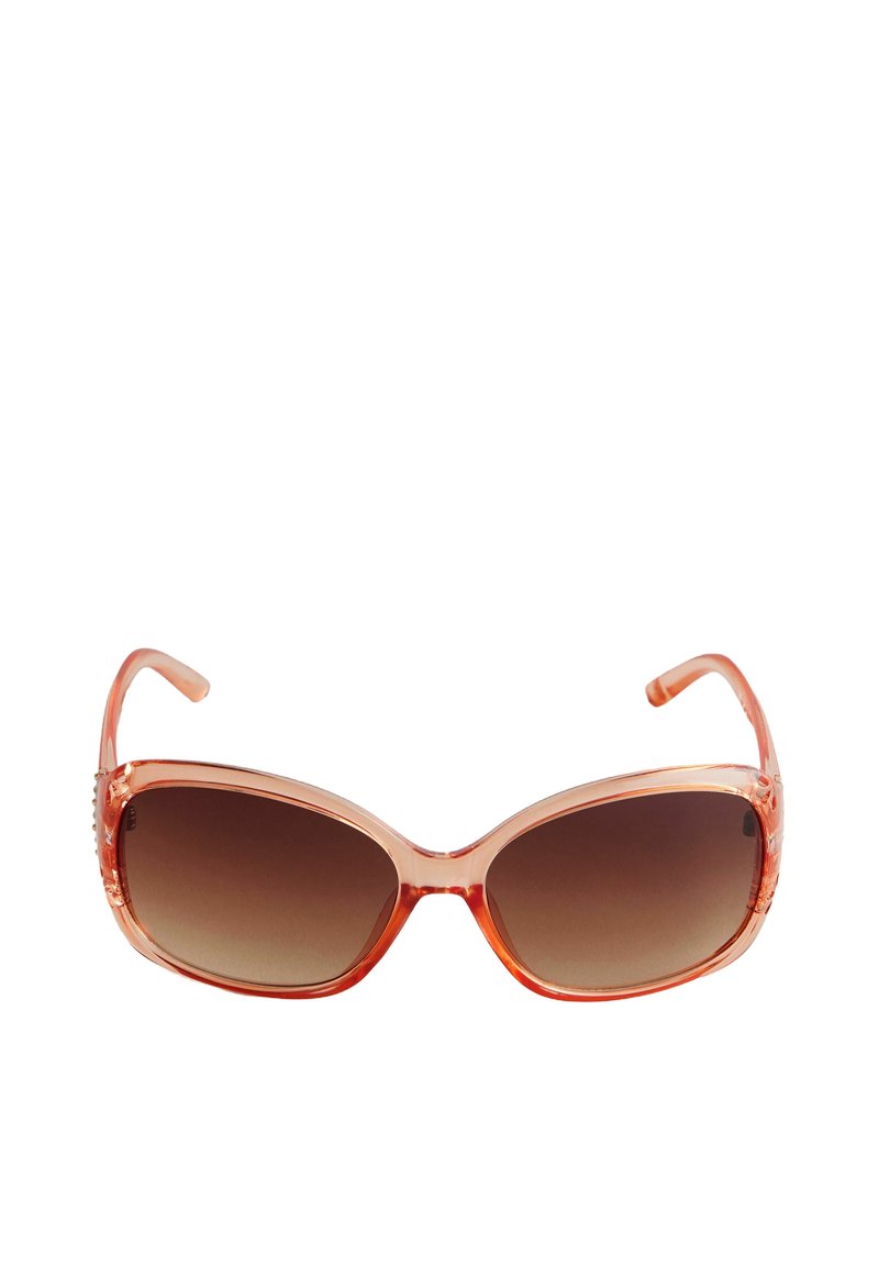 Genomskinliga orange glasögonbågar med stora bruna gradiente linser och något böjd rektangulär form, vikta bågar med utsidan utåt.