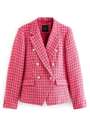 Pink-weiß karierter zweireihiger Blazer mit goldenen Knöpfen und notched Revers, mit vorderen Klappentaschen und langen Ärmeln.