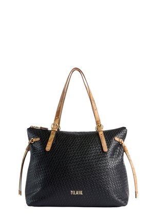 Borsa nera con texture, manici e cinturini laterali in pelle color cuoio, con dettagli in oro e logo "1 CLASSE" sul davanti.