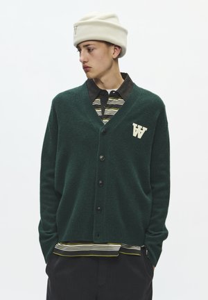 Ung mand iført en hvid beanie, mørkegrøn knap-cardigan med et "W" logo og en striped poloshirt, der kigger mod venstre med hænderne i lommerne.