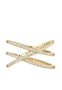 Ring in Goldfarbe mit verwobenen Bändern, verziert mit kleinen, runden klaren Edelsteinen entlang der Kanten, glatte Oberfläche mit hochglänzendem Finish.