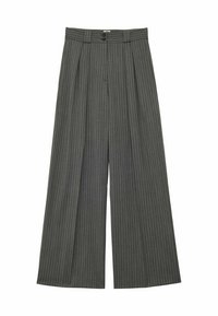Pantalons larges à rayures grises avec taille haute, présentant des plis sur le devant, deux poches avant et une fermeture boutonnée à la taille.