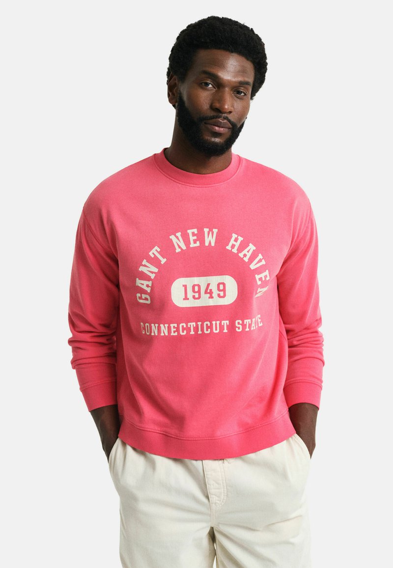 Felpa rosa con maniche lunghe, colletto rotondo e testo stampato "GANT NEW HAVEN 1949 CONNECTICUT STATE" in bianco. Tessuto morbido in misto cotone.