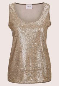 Gouden pailletten tanktop met een ronde hals. De stof heeft glinsterende pailletten en een gladde achterkant, wat zorgt voor een textuur uitstraling.