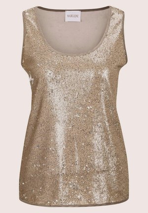Goldene Pailletten-Tanktop mit Rundhalsausschnitt. Der Stoff besteht aus schimmernden Pailletten und hat eine glatte Rückseite, die ein strukturiertes Erscheinungsbild bietet.