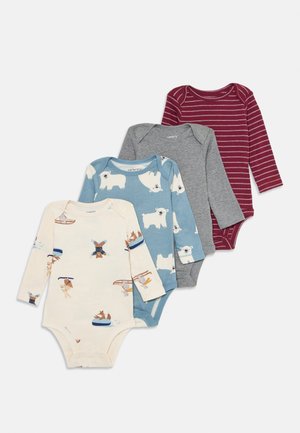 Four long-sleeve baby bodysuits: cream with animal prints, blue with polar bears, gray, and burgundy striped. Soft cotton material, Snap closures.