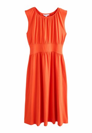 Ärmelloses, knielanges Kleid in leuchtendem Orange mit gerafftem Ausschnitt und tailliertem Bund.
