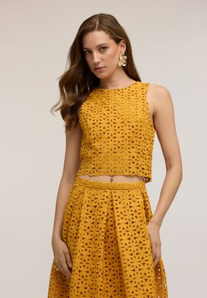 Giovane donna con capelli lunghi che indossa un top corto in pizzo giallo senape senza maniche e una gonna a vita alta abbinata su sfondo neutro.