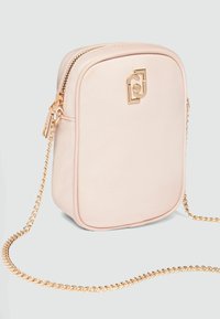 Rosa synthetische Crossbody-Tasche in rechteckiger Form, mit goldenem Reißverschluss, dekorativem Metall und einer Kettenriemen. Glatte Textur ohne Muster.