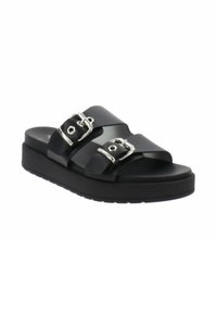 Zwarte instapsandalen met twee verstelbare gespschalen, platte zool en een gestructureerd bovenmateriaal. Platformontwerp voor comfort.