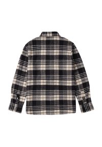 Camicia di flanella a quadri nera e crema, manica lunga con polsini abbottonati, dotata di colletto e design dalla vestibilità comoda. Tessuto morbido, motivo a quadri.