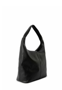 Borsa a spalla in pelle nera con una finitura morbida e testurizzata. Presenta una forma morbida e un manico curvo singolo per un facile trasporto.