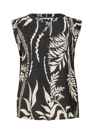 Camicia nera con stampa botanica bianca, scollatura rotonda, chiusura con bottoni e maniche corte. Realizzata in tessuto leggero, ha una vestibilità morbida.