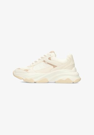 Chunky beige and white sneaker with mesh and leather upper, thick sole, and lace-up closure, shown in side profile on white background.