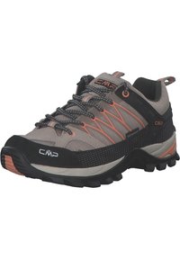 Lightweight hiking shoe in gray and black, featuring orange accents, breathable mesh upper, sturdy rubber sole, and reinforced toe cap.