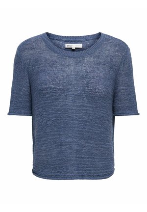 Pull bleu tricoté à manches courtes avec encolure ronde, tissu doux au toucher et coupe légèrement ample.