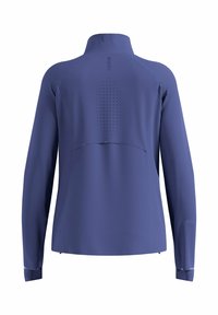 Langärmlige blaue Jacke mit hohem Kragen, Belüftungsöffnungen und weitem Rückenschlitz, von hinten vor weißem Hintergrund gezeigt.