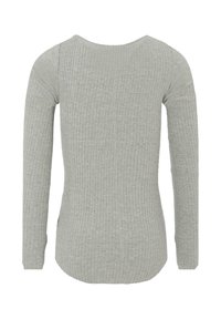 Maglietta a maniche lunghe ribbed grigio chiaro con collo a giro, vista da dietro, silhouette aderente, con orlo leggermente curvato.