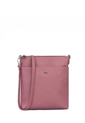 Pink leather crossbody bag with a textured surface, zip closure, adjustable strap, and a small metallic logo accent on the front.