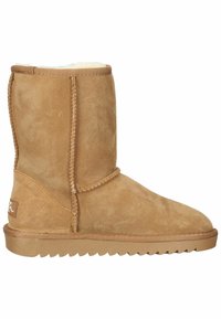 Tanfarbene Wildlederstiefeletten mit einer abgerundeten Spitze, gesteppten Akzenten, einem weichen Innenfutter und einer strukturierten Gummisohle mit Rillen.