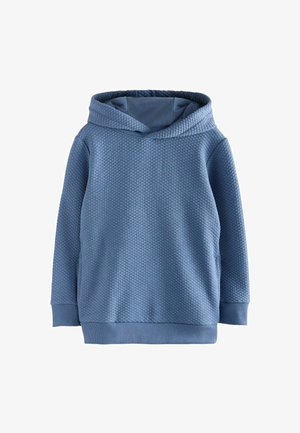 Blaues Sweatshirt aus strukturiertem Stoff mit einem Rautenmuster, ausgestattet mit einer Kordelzugkapuze sowie gerippten Bündchen und Saum.