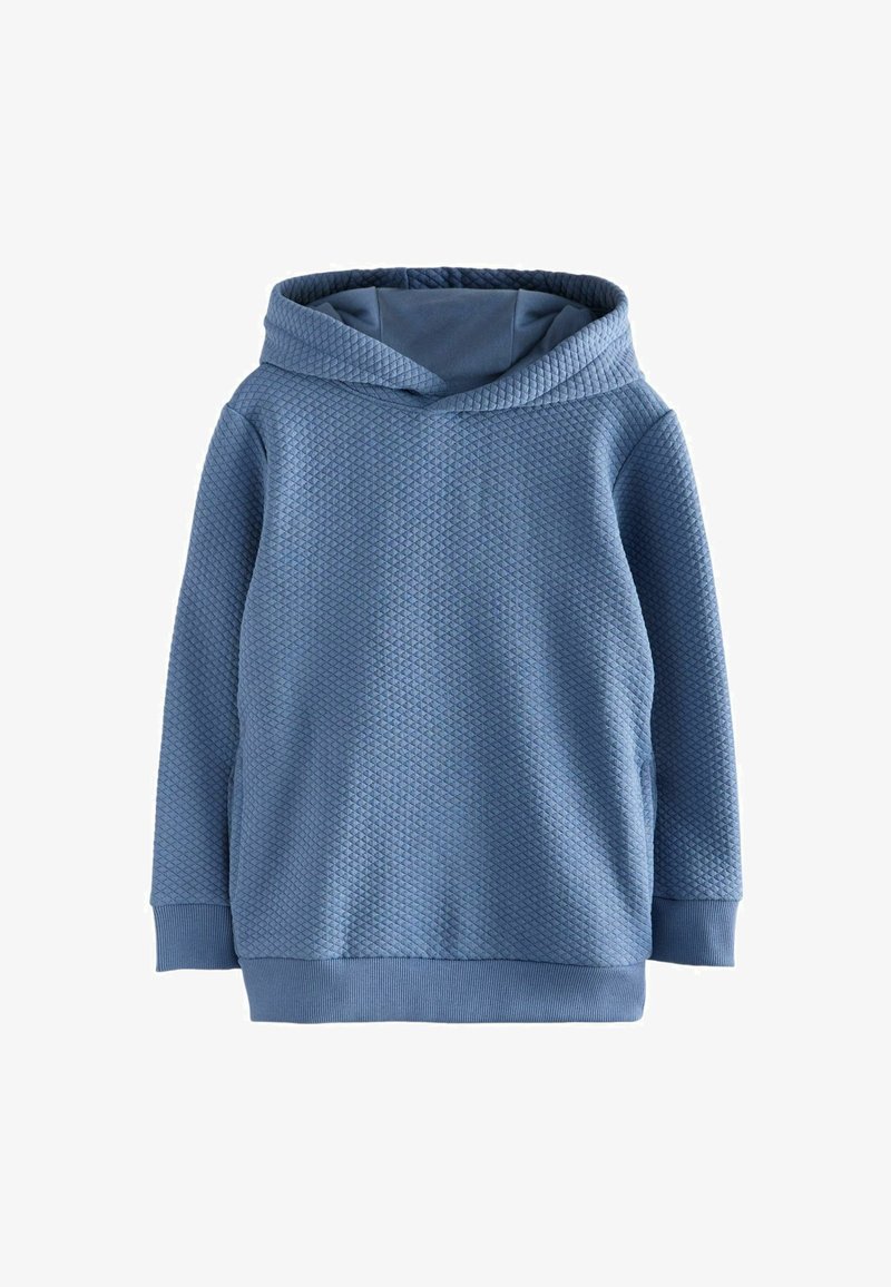 Felpa blu realizzata in tessuto strutturato con motivo a diamante, dotata di cappuccio con cordino e polsini e orlo a costine.