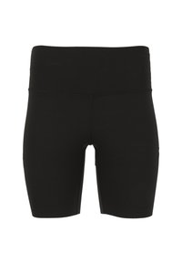 Sorte atletiske shorts lavet af strækbart stof, der har en høj talje og en tætsiddende design for komfort og mobilitet.