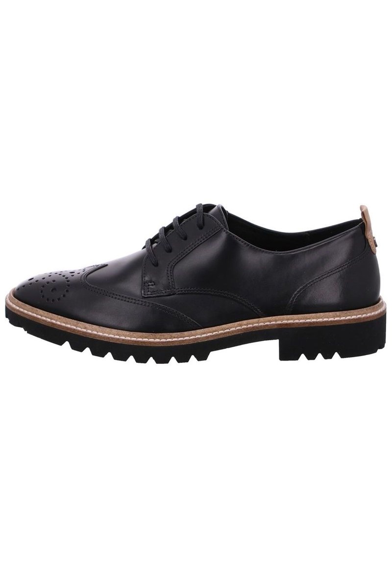 Scarpa da uomo in pelle nera con dettagli brogue, punta rotonda e suola in contrasto marrone chiaro. Presenta cinque occhielli e un tacco texturizzato.