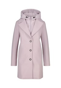Cappotto rosa chiaro con ampio colletto, chiusura frontale con zip e tre bottoni neri. Presenta un cappuccio trapuntato e removibile.