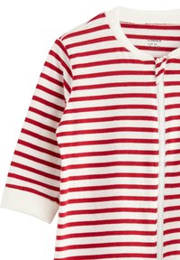Red and white horizontal striped baby onesie with long sleeves and a front zipper closure.