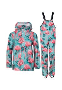 Vandtæt regnjakke og overalls på en turkis baggrund med et mønster af lyserøde flamingoer og grønne blade; justerbare stropper og manchetter.