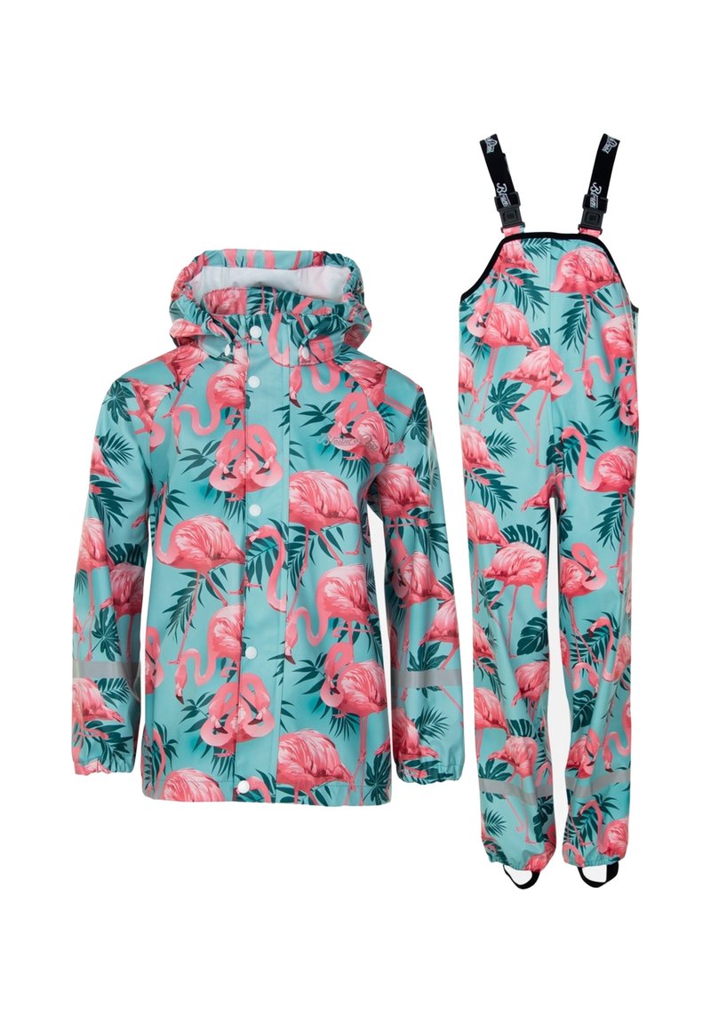 Vandtæt regnjakke og overalls på en turkis baggrund med et mønster af lyserøde flamingoer og grønne blade; justerbare stropper og manchetter.