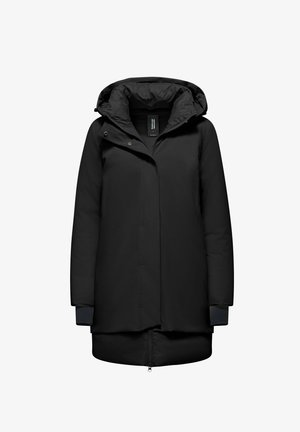 Black insulated parka with a hood, featuring a zip closure, front placket, and ribbed cuffs. Smooth texture and knee-length design.