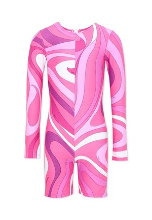Różowo-fioletowy kombinezon jednoczęściowy z długim rękawem, ozdobiony abstrakcyjnym wzorem spirali, z krótkimi nogawkami i okrągłym dekoltem.