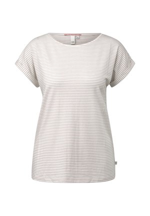 Biała koszulka z krótkim rękawem z cienkimi poziomymi jasnoszarymi paskami i okrągłym dekoltem, rozmiar mały.