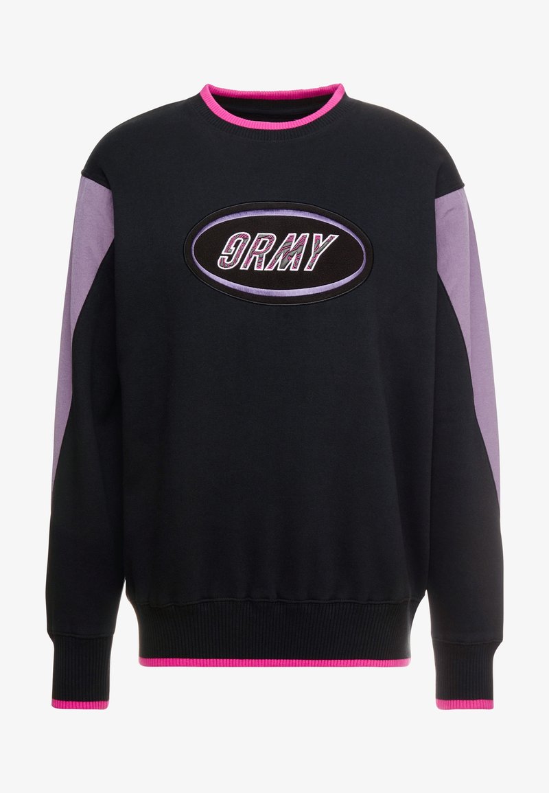 Sweat-shirt noir avec manches violettes et bordure rose, arborant un logo ovale central avec un texte stylisé indiquant "9RMY".