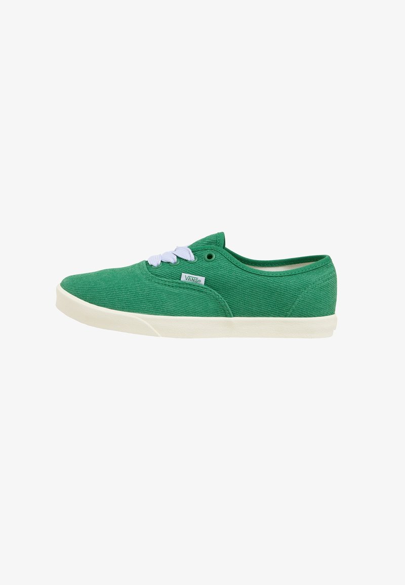 Green canvas shoes with white laces, low-top design, rubber sole, and a textured surface. Features a small logo tag on the side.