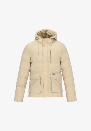 Beige donsjack met capuchon, voorzien van een rits aan de voorkant, twee grote zakken aan de voorkant en elastische trekkoorden voor een verstelbare pasvorm.