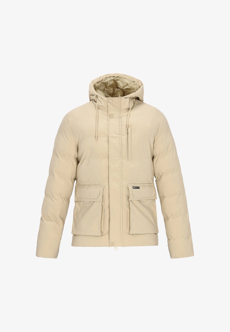 Beżowa puchowa kurtka z kapturem, zapinana na zamek, z dwoma dużymi przednimi kieszeniami oraz elastycznymi sznurkami do regulacji dopasowania.