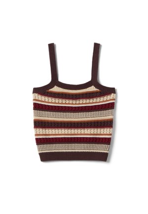 Gebreide tanktop met smalle bandjes en horizontale strepen in bruin, crème, bordeaux en oranje met diverse textuurpatronen.